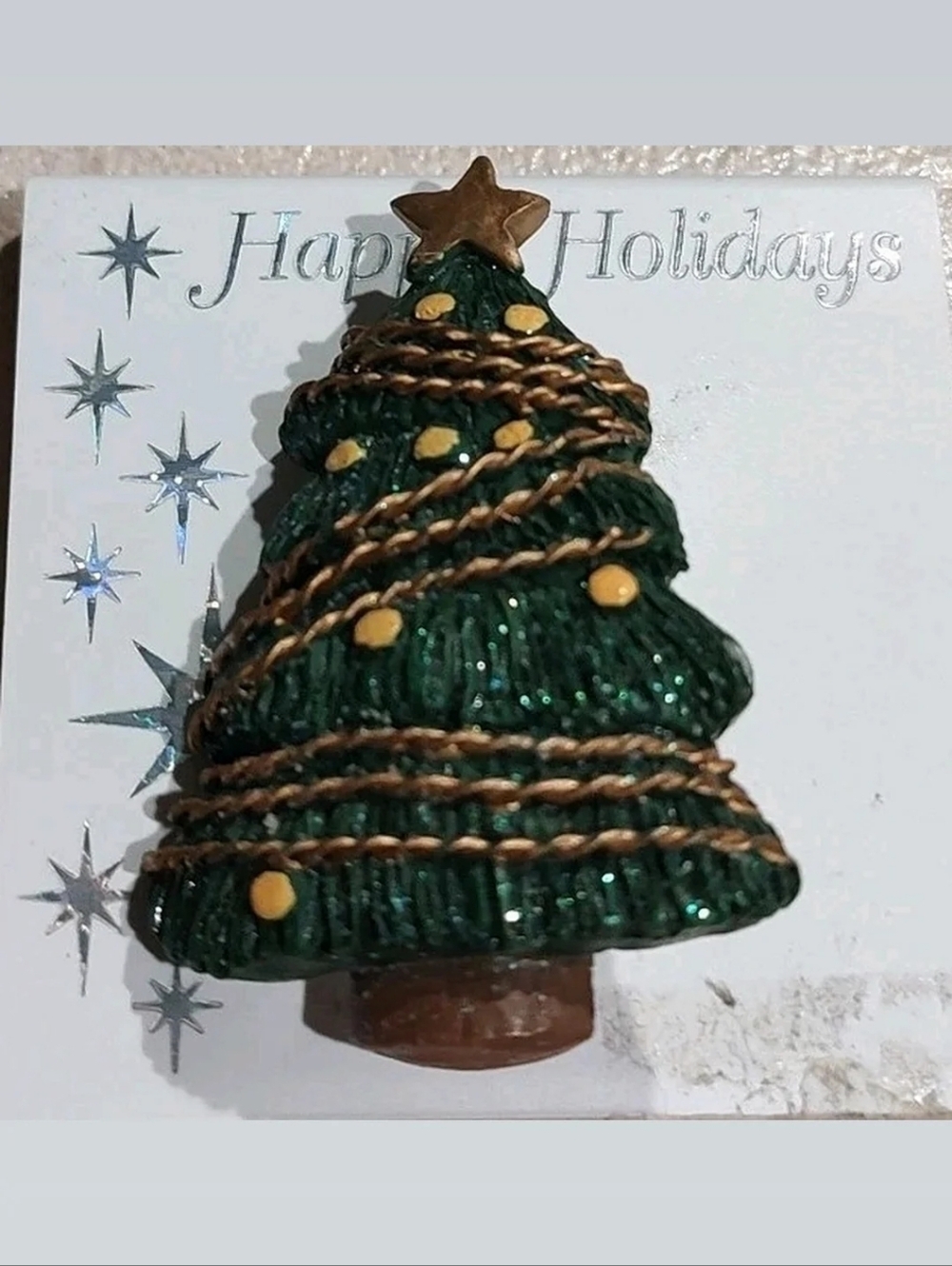 Vintage Rare Holiday Green Christmas Tree Resin Brooch with Gold Accents